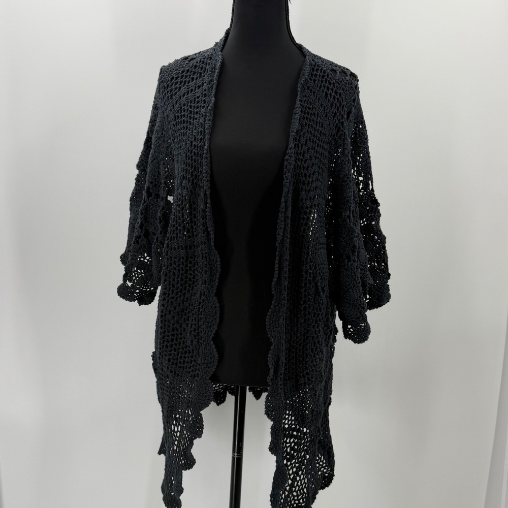 Women's L XL Black Crochet Cardigan Open Front Boho Whimsigoth Draped Lace